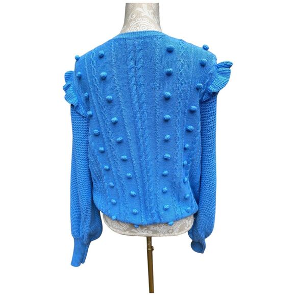 Lilly Pulitzer Greta Size L V-Neck Cable Knit Sweater Blue Boho Feminine Ruffle - Picture 4 of 16
